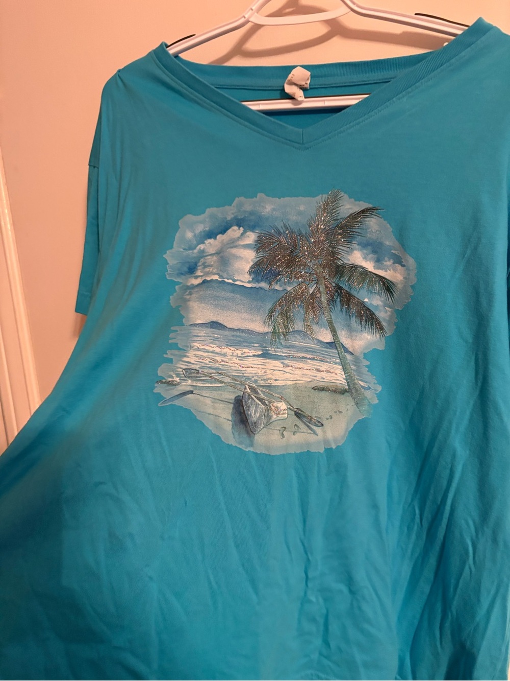 Turquoise Short Sleeve V-Neck Tee with Beach Graphic